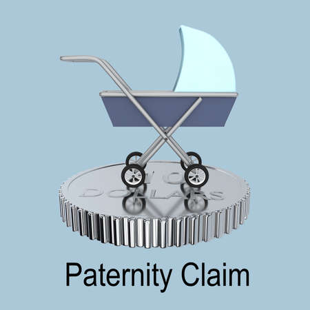 3D illustration of baby carriage placed on a silver coin, isolated over pale blue background.
