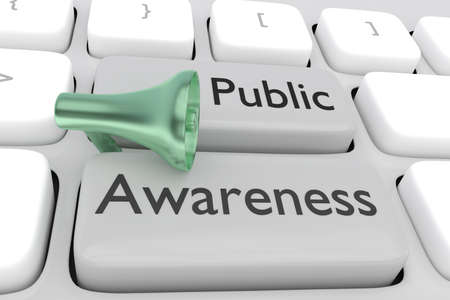 3D illustration of a megaphone placed on computer keyboard with the script Public Awarenessの写真素材
