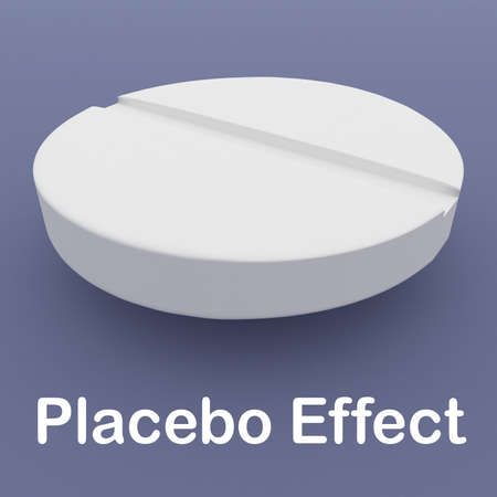 3D illustration of a white pill along with the print Placebo Effect, isolated over pale blue background.の写真素材