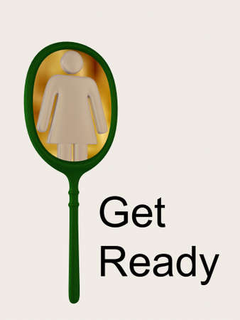 3D illustration of Get Ready script beside a hand mirror in which a woman sillhoette is seen, isolated over gray pattern.の写真素材
