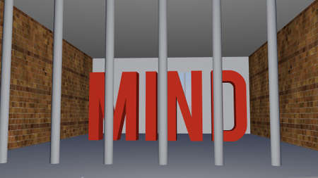 3D illustration of mind and limiting thoughts concept with text inside prison cellの写真素材