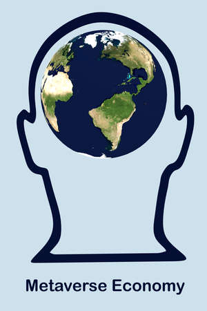 3D illustration of earth contained in a head silhouette, over the text Metaverse Economy.の写真素材