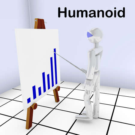 3D illustration of a humanoid robot holding a telescopic pointer stick in front of a statistical...