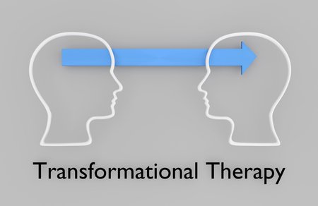 3D illustration of two head silhouettes symbolically connected with an arrow,  titled as Transformational Therapy.の写真素材