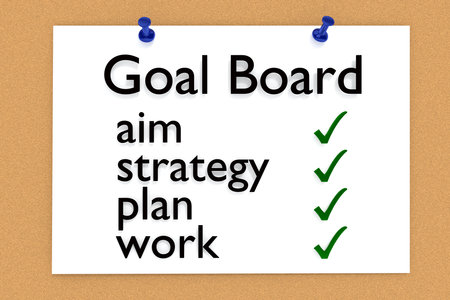 3D illustration of a cork board on which the headline Goal Board is followed by four concepts: aim, strategy, plan, work, with green confiemation sign.の写真素材