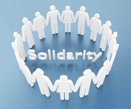3D illustration of men and women silhouettes in a circle, along with the title Solidarity.の写真素材