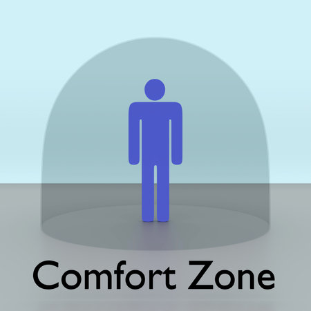 3D illustration of a person silhouette in a transparent dome, along with the script Comfort Zone.の写真素材