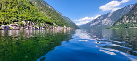 View of Hallstatt from Traun river in Austria