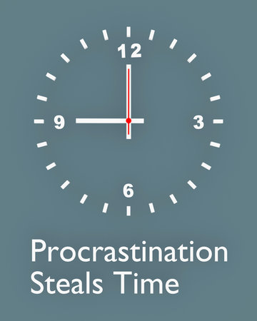 3D illustration of a clock, titled as Procrastination Steals Time.
