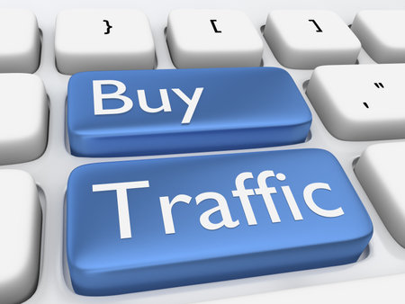 3D illustration of computer keyboard with the script Buy Traffic on two blue buttons.の写真素材