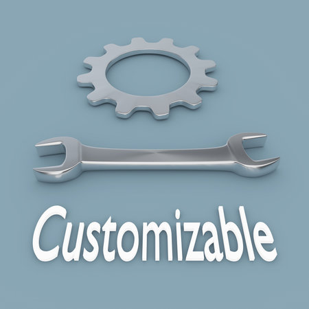 3D illustration of gear and wrench, titled Customizable.