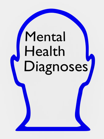 3D illustration of dartboard contained in a head silhouette, with text Mental Health Diagnoses.の写真素材
