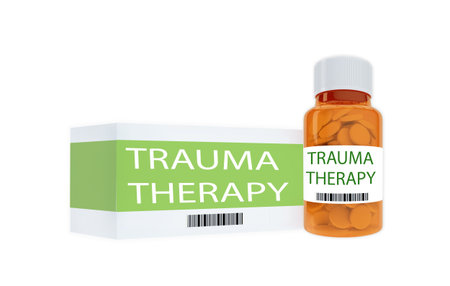 3D illustration of "TRAUMA THERAPY" titles on pill box and bottle, isolated on white. Medication concept.の写真素材