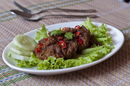 spicy beef rendang with cucumber and saladの写真素材
