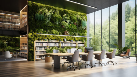 Interior of modern meeting room with wooden walls, concrete floor, long white computer tables with black chairs and green plants. 3d renderingの写真素材