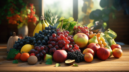 Composition with fresh fruits and vegetables on wooden table in garden. Balanced dietの写真素材
