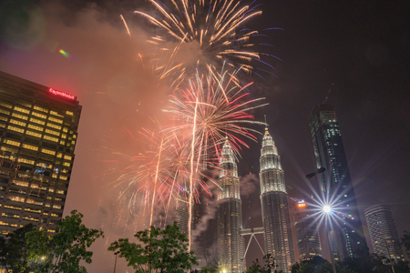 Fireworks display for Merdeka Day Celebration at KLCC, Kuala Lumpur, Malaysiaのeditorial素材
