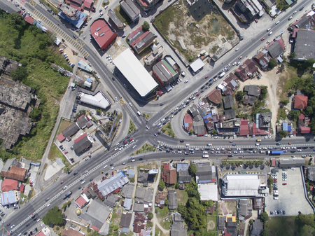 aerial view of road junction in a town - Kelantan,Malaysiaの写真素材