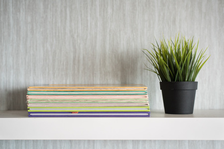 encyclopedia books on white shelf with plant in a vase - organized conceptの写真素材