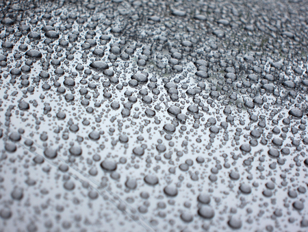 water dew droplets on silver metallic paint background. rain water droplets on car boot. weather conceptの写真素材