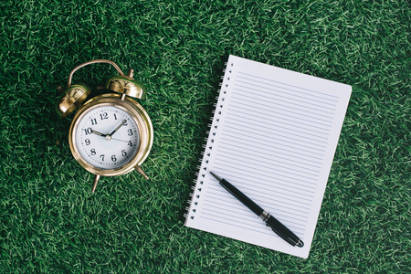 Clock and blank notebook on a green grass. Nature conceptの写真素材