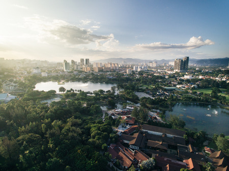 aerial view of Titiwangsa lake with evening sunlight located in Kuala Lumpur, malaysiaの写真素材
