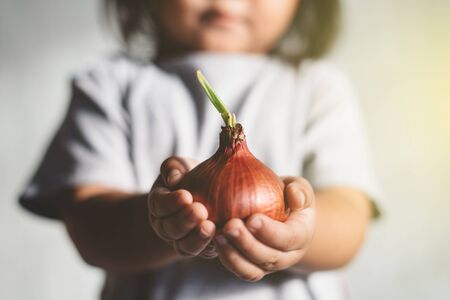 little girl holding a red onion with leaves and roots. concept of nature, life and agricultureの写真素材