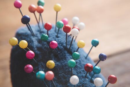 clodeup of a multicolored pin. Pins & needles closeup. Concept of tailor toolsの写真素材