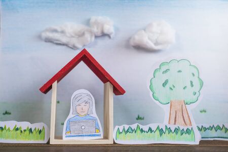 hand drawn of a trees,grass and a businesswoman working from home. Concept of home business, e-learning and self quarantine in crisis lockdownの写真素材