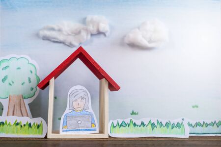 hand drawn of a trees,grass and a businesswoman working at home. Concept of home business, e-learning and online servicesの写真素材