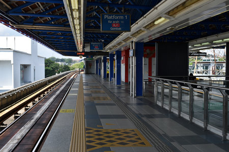 petaling jaya, Malaysia - 30 July 2022 : Horizontal photo of a Light Rail Train platform or LRT located in kelana jaya, petaling jaya, Malaysia. Concept of transportation and technologyのeditorial素材