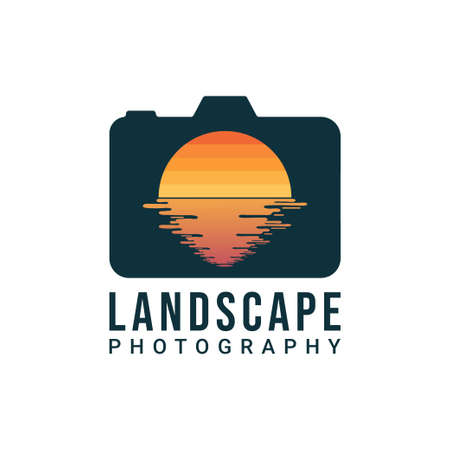 Landscape photographer logo design. Digital camera and lens in the form of sun and water vector design. Nature photographer logotypeのイラスト素材
