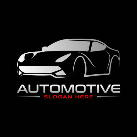 Automotive car logo design with concept sports vehicle icon silhouette on black background. Vector illustration.のイラスト素材