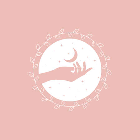 Vector abstract logo design template in trendy linear minimal style - hands, moon and stars - abstract symbol for cosmetics and packaging, jewellery, hand crafted or beauty productsのイラスト素材