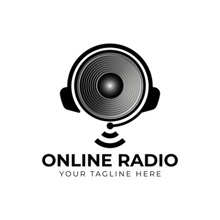 Online Radio Logo design using sound speaker and Headphone iconのイラスト素材