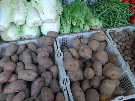 Vegetable rack display at Indonesia traditional marketの写真素材