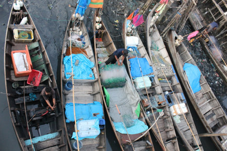 Belawan, Indonesia - Juni 27 2022: Old Fishing Boats, Aerial Photo, View From Aboveのeditorial素材