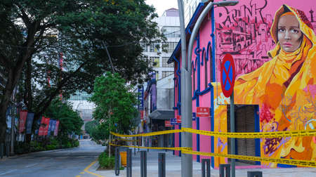 KUALA LUMPUR, MALAYSIA - APRIL 18, 2020 : Barbed wire road close at Jalan Tuanku Abdul Rahman during the 'movement control order' COVID-19 outbreak.のeditorial素材