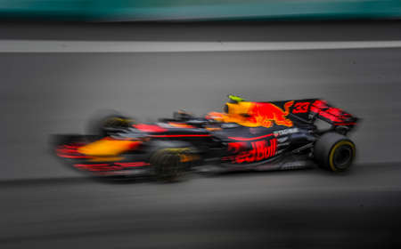 KUALA LUMPUR, MALAYSIA - OCTOBER 1, 2017 : Max Verstappen of the Netherlands driving the Red Bull Racing Red Bull with slow motion technic during Malaysia Formula One Grand Prix at Sepang Circuitのeditorial素材