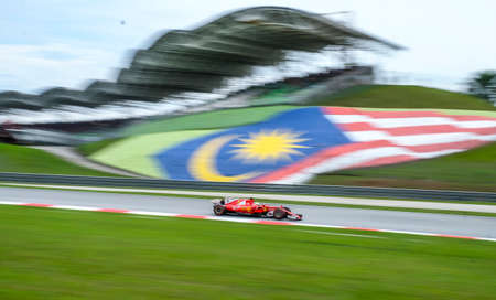 KUALA LUMPUR, MALAYSIA - OCTOBER 1, 2017 : Sebastian Vettel of Germany and Ferrari on track during Malaysia Formula One Grand Prix at Sepang Circuit.のeditorial素材