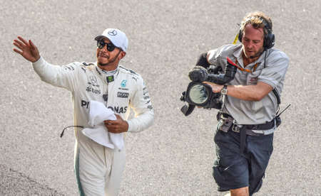 KUALA LUMPUR, MALAYSIA - SEPTEMBER 30, 2017 : Pole position qualifier Lewis Hamilton of Great Britain and Mercedes GP during qualifying for the Malaysia Formula One Grand Prix at Sepang Circuitのeditorial素材
