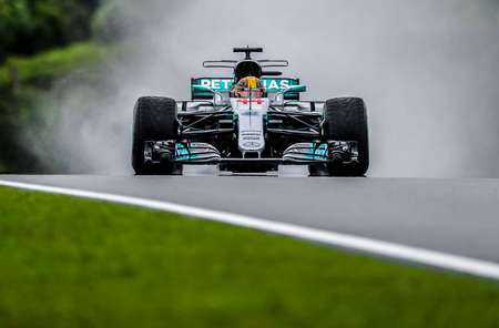 KUALA LUMPUR, MALAYSIA - SEPTEMBER 29, 2017 : Lewis Hamilton of Great Britain driving the (44) Mercedes AMG Petronas F1 Team Mercedes F1 WO8 on track during practice for the Malaysia Formula One Grand Prix at Sepang Circuit.のeditorial素材