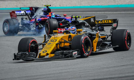 KUALA LUMPUR, MALAYSIA - OCTOBER 1, 2017 : Jolyon Palmer of Renault Sport Formula One Team on track during Malaysia Formula One Grand Prix at Sepang Circuitのeditorial素材