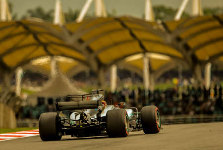 KUALA LUMPUR, MALAYSIA - OCTOBER 1, 2017 : Lewis Hamilton of Great Britain Mercedes AMG Petronas F1 Team on track during Malaysia Formula One Grand Prix at Sepang Circuit.のeditorial素材
