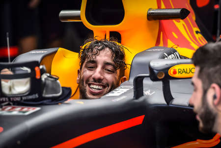 KUALA LUMPUR, MALAYSIA - SEPTEMBER 29, 2017 : Red Bull's Australian driver Daniel Ricciardo prepares to drive out of the pit during the second practice session of the Formula One Malaysia Grand Prix in Sepangのeditorial素材