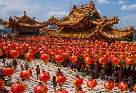 Kuala Lumpur, Malaysia - February 18, 2020 : Red lanterns decorations at Thean Hou Temple in Kuala...