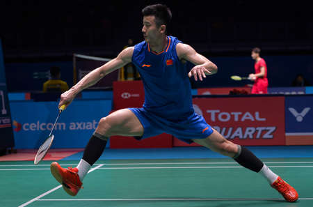 KUALA LUMPUR, MALAYSIA - APRIL 02, 2019 : Chen Long of China in action of the Badminton Malaysia Open at Axiata Arenaのeditorial素材