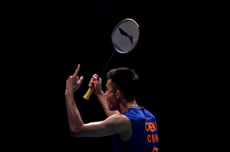 KUALA LUMPUR, MALAYSIA - APRIL 02, 2019 : Chen Long of China in action of the Badminton Malaysia Open at Axiata Arenaのeditorial素材