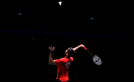 Kuala Lumpur, Malaysia - April 02, 2019 - Kidambi Srikanth of India in action during the Badminton Malaysia Open 2019 at Axiata Arena.のeditorial素材