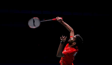Kuala Lumpur, Malaysia - April 02, 2019 - Kidambi Srikanth of India in action during the Badminton Malaysia Open 2019 at Axiata Arena.のeditorial素材